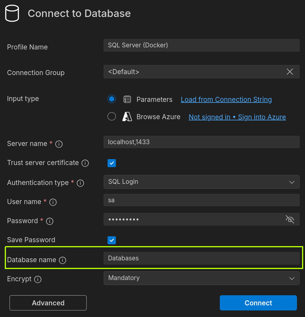 SQL Server tabblad & verbindingsinstellingen